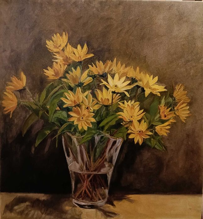 Kwiaty topinamburu, obraz olejny n juża płótnie, 56x60 cm