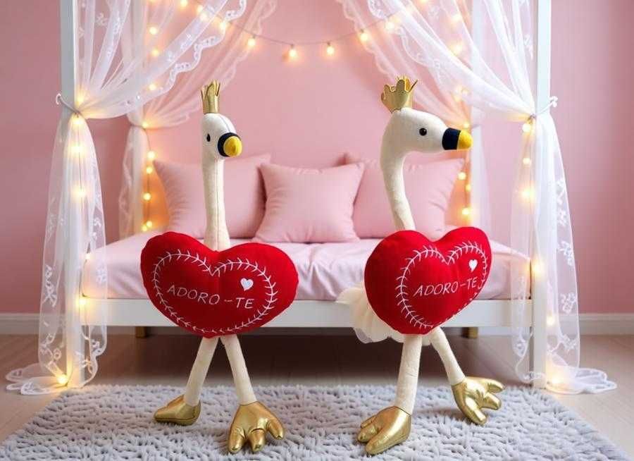 Um cisne de peluche com um coração vermelho gravado com "amo-te" no peito, perfeito para decoração e como presente de Dia dos Namorados.