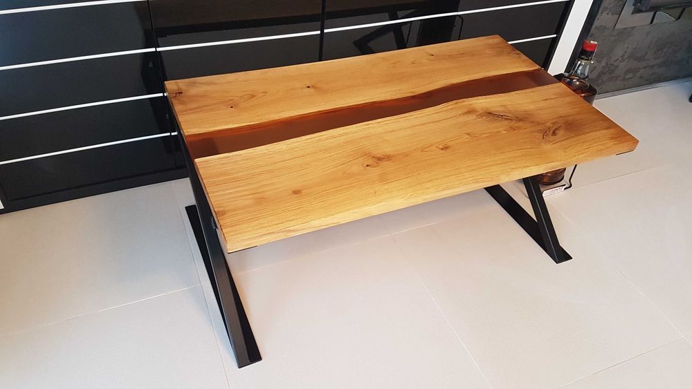 Stolik kawowy, dębowy, stolik żywica - rzeka