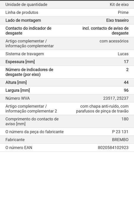 Pastilhas de travão Brembo novas