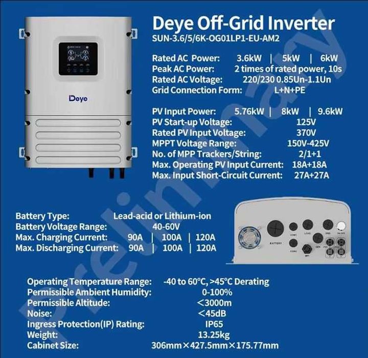Deye Híbrido Monofásico Inversor Off Grid SOL6K-OG01LP1-EU-AM2 6kW