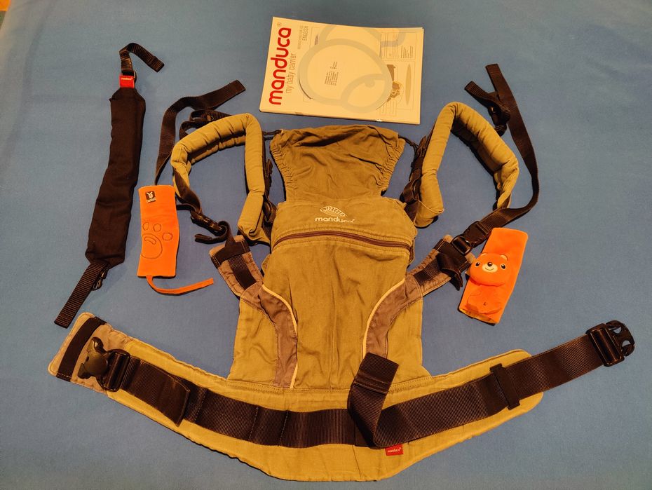 Mochila Manduca verde seco e azul cinza