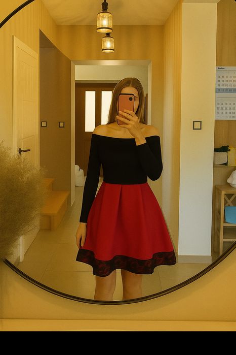 Sukienka Hiszpanka neoprenowy dół czarno czerwona z koronką wesele