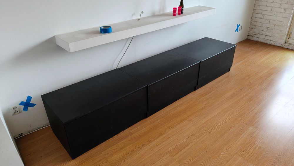 Szafka RTV czarna matowa, 3 segmenty, szuflada, dł. 240 cm