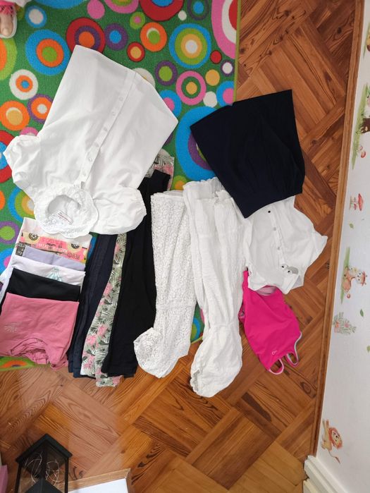 Paka ubrań dla dziewczynki strój galowy kąpielowy 140 sukienka biała