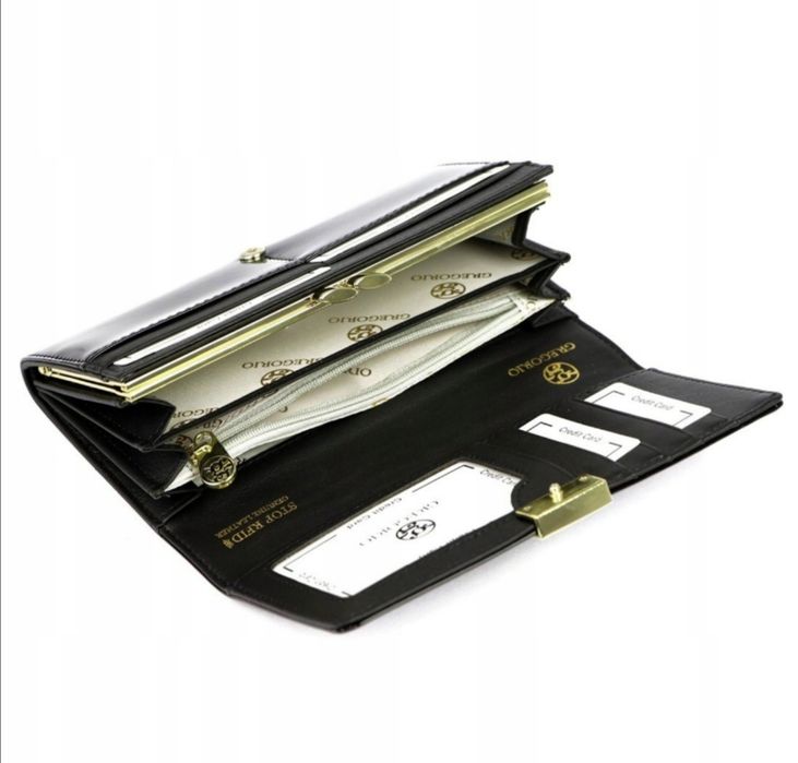 Nowy z metką Skórzany elegancki damski czarny  portfel prezent