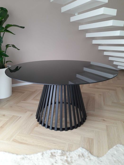 OKRĄGŁY Stół Szklany Loft Industrialny średnica 140 cm 8 osób Czarny