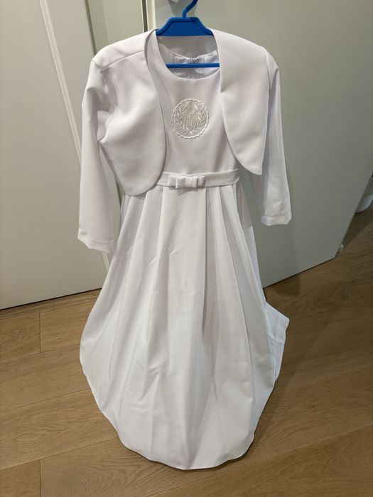 Sukienka komunijna 134 biała prosta z bolerkiem