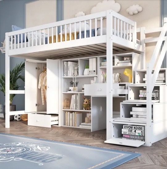 Cama alta tipo beliche em madeira e MDF 90x200 com escada e roupeiro