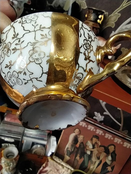 Винтажный немецкий фарфор позолота кофейная пара блюдца ретро