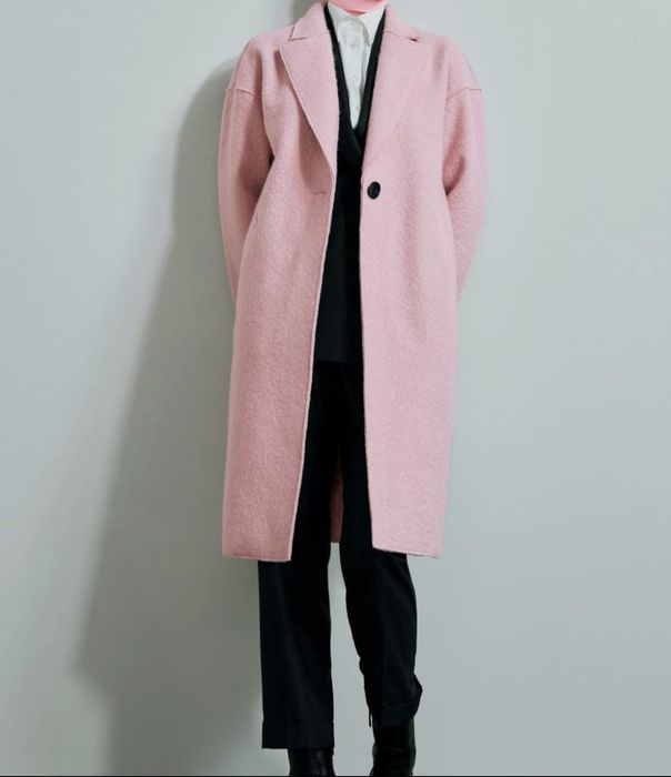 Zara nowy płaszcz damski boucle oversize pudrowy róż M
