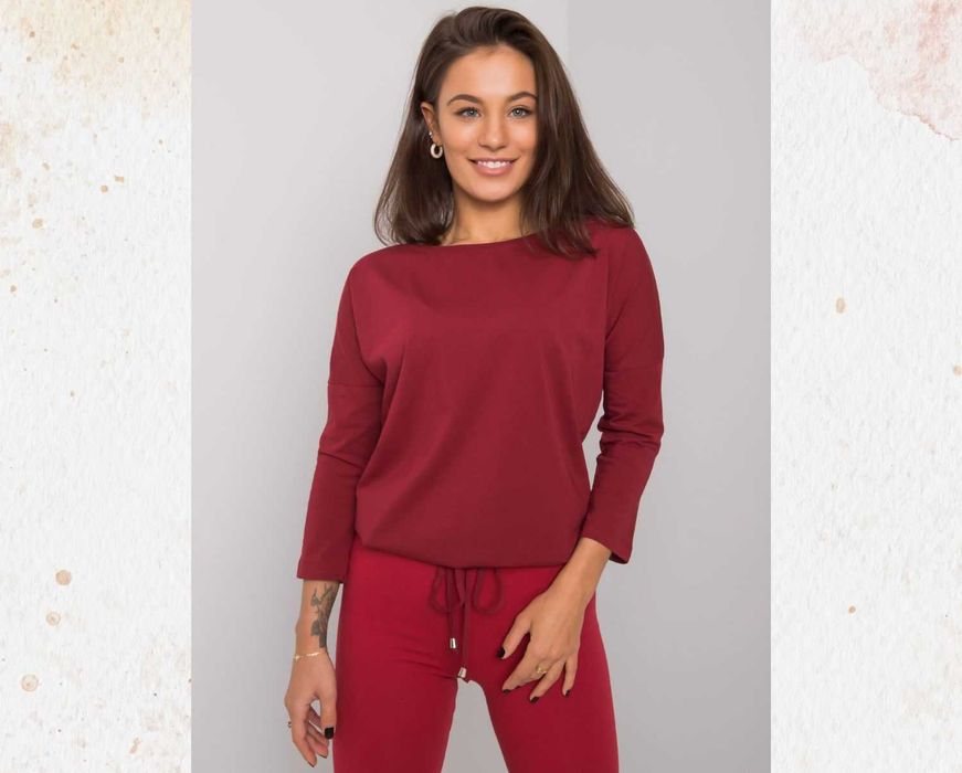 -> Bordowa bluzka damska wiązana w pasie - bawełniana / Basic / Rozmiar: S