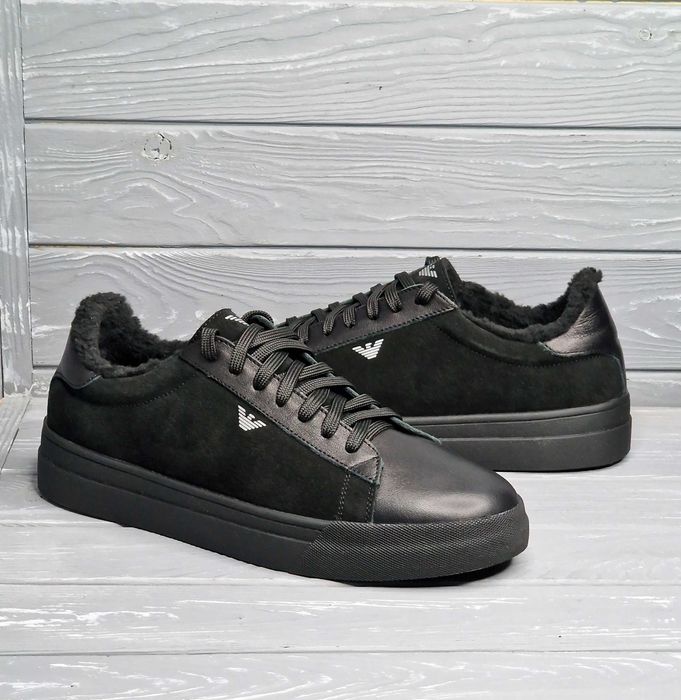 Кожаные замшевые мужские черные зимние низкие кеды кроссовки на меху!