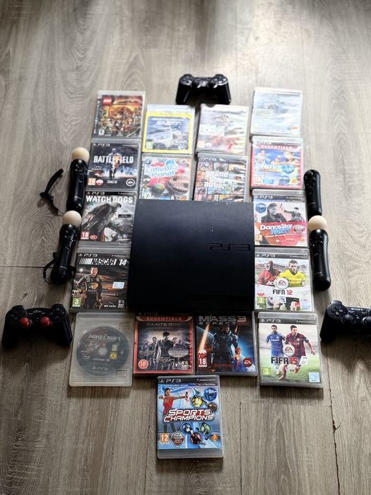 PlayStation 3 Slim + 3 pady + 4 PS Move + 16 gier – komplet