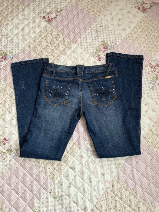 Jeansy granatowe elastyczne M 38 zdobienia flare bootcut vintage y2k
