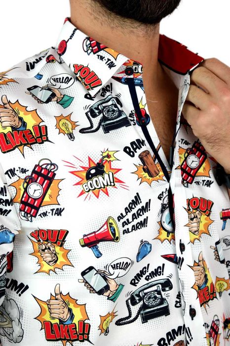 DANIEL BESSI Koszula Męska Fb042 Biała, KOMIKS Kolorowy, Wesoła