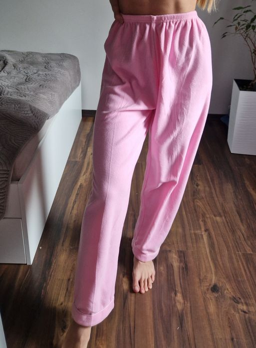 Różowe spodnie piżamowe z polaru, luźny krój, S, M, L