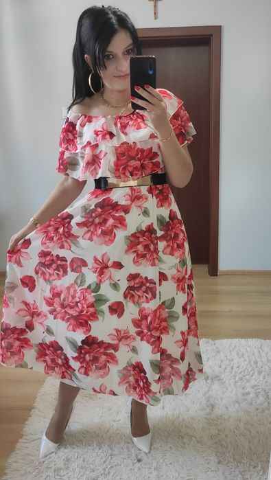 Sukienka MIDI w kwiaty Hiszpanka wesele komunia chrzciny