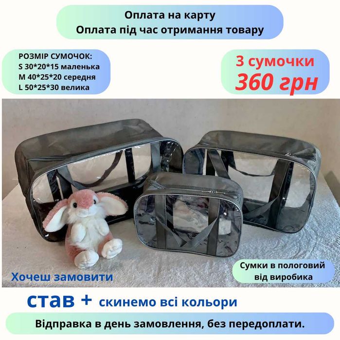 Акція 3 дні!! Сумки в пологовий будинок/сумки в роддом набір 3шт S+M+L