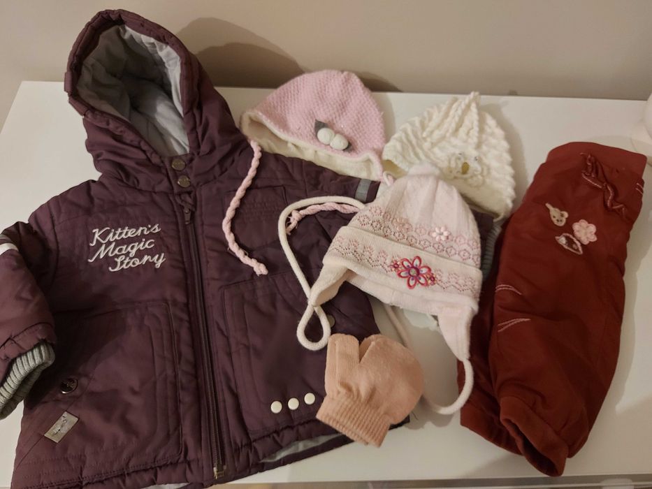 Kurtka zimowa 74, czapki, spodnie