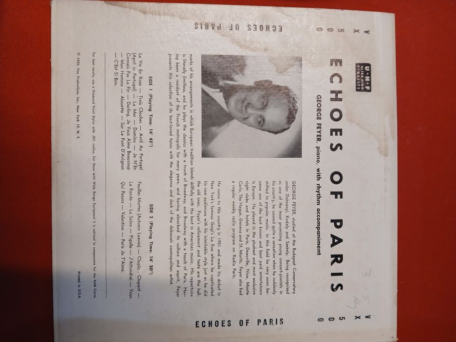 Vinil  para Grafonola  33 rp echoes of paris