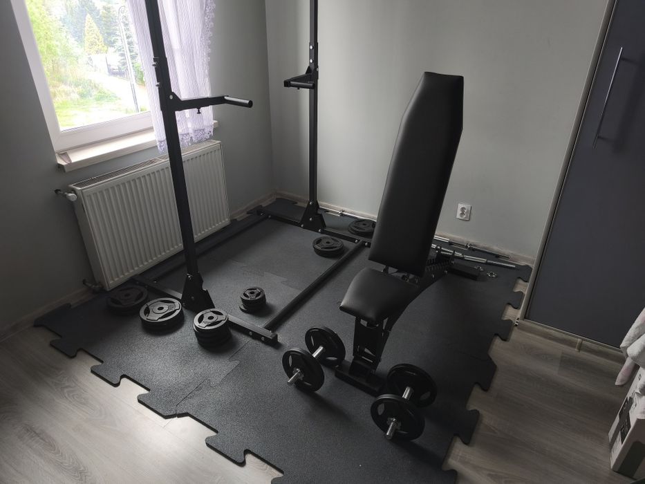 Mini silownia obciążenie żeliwne ławeczka drążek  hantle dipy puzzle gumowe