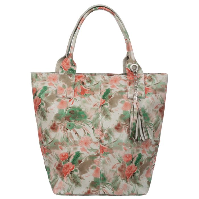 VERA PELLE torebka damska skórzana shopper na ramię V598 z kwiatami