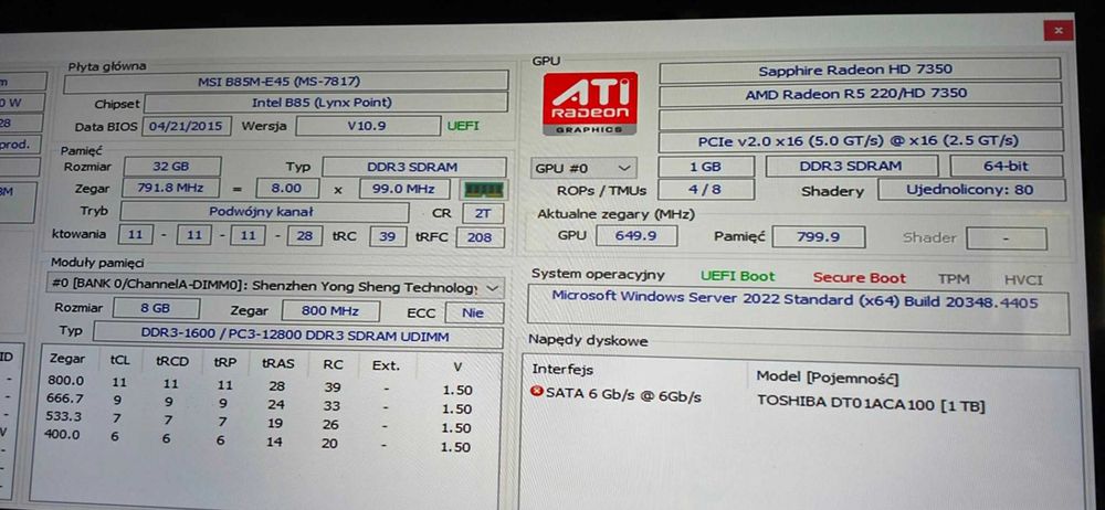 Komputer Xeon E3-1240v3 32 GB RAM MSI B85M-E45