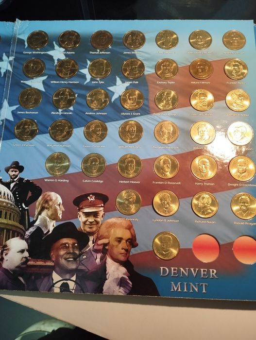 Álbum com 78 moedas de 1 Dollar de todos os Presidentes dos EUA