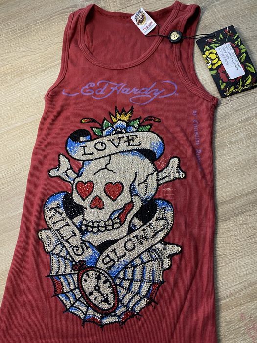 Ed hardy love kills slowly rhinestone tank top