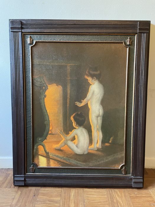 Quadro antigo das meninas à lareira