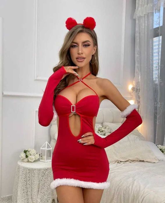 Новогоднее эротическое платье Санта с перчатками, Снегурочка