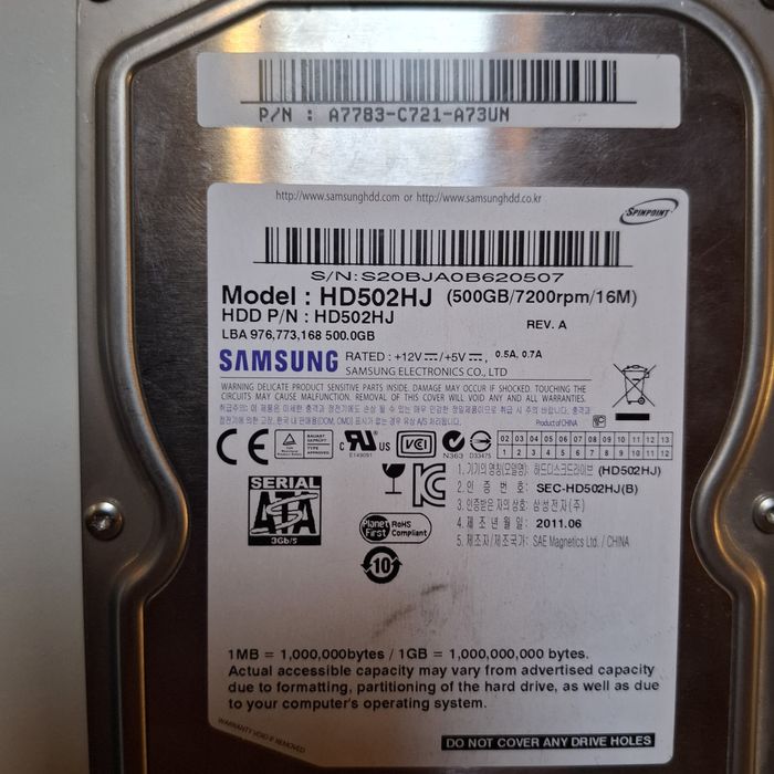 Dysk HDD Samsung 500Gb HD502HJ SATA 7200rpm