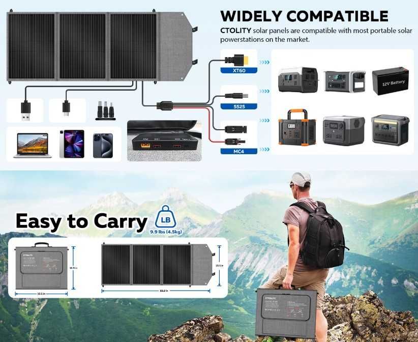 Painel Solar Dobrável 100W XT60, MC4 DC 5525 PWM12V