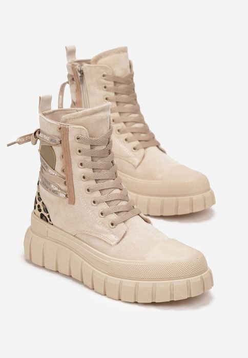 Damskie zamszowe botki na platformie beżowe panterka rozmiary