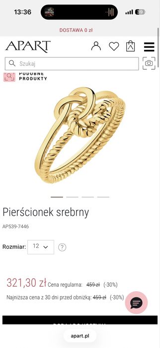 Pierścionek srebrny pozłacany