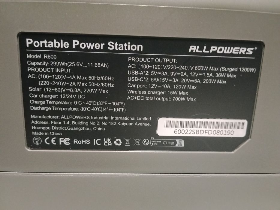 Зарядна станція Allpowers R600, 600w/1200w, 299 Wh, lifepo4.