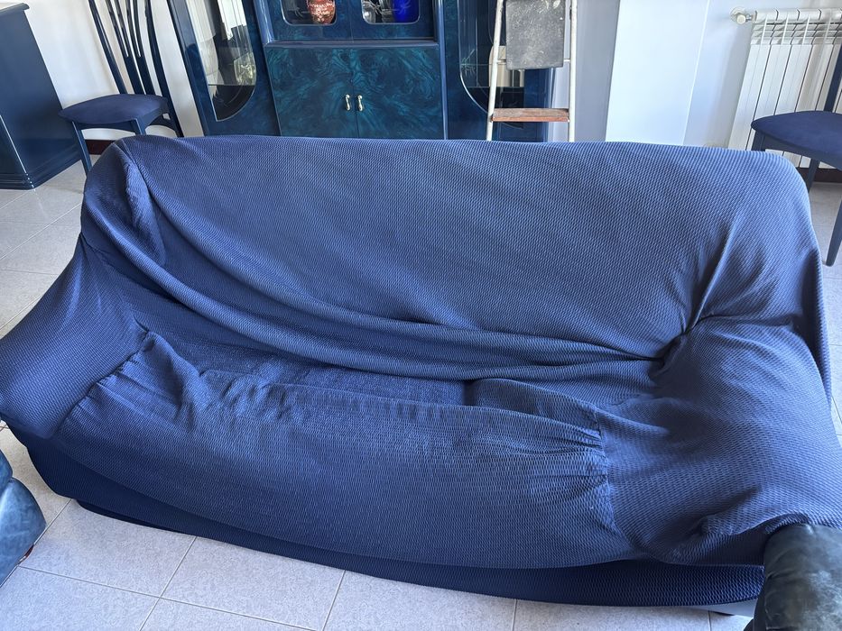 Conjunto de Sofás em Pele Azul Marinho (3 Lugares + 2 Poltronas) + Capas Incluídas
