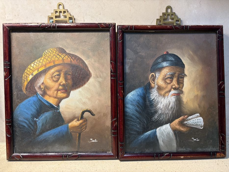 Conjunto de 2 pinturas Escola Chinesa vintage assinadas e emolduradas