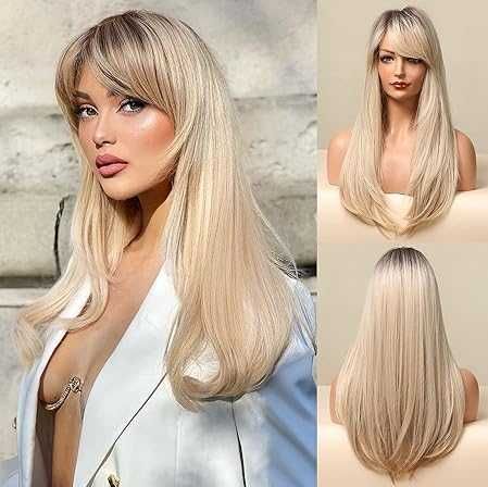 Peruka damska długie włosy blond z grzywką objętość realistyczna 65 cm