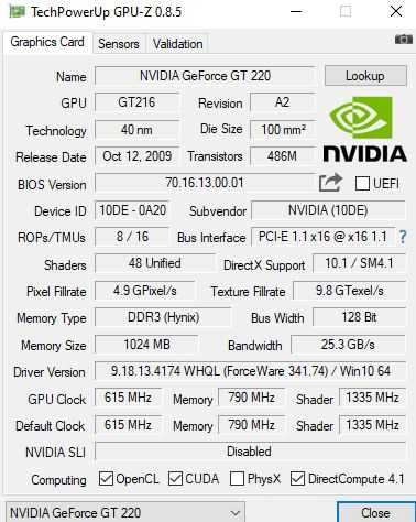 Видеокарта NVidia GeForce GT220 (1 ГБ, 128 бит)