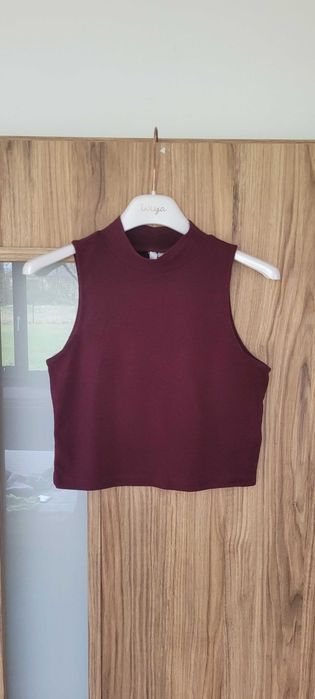 Jagodowy top prążek burgundowy stójka H&M, roz S