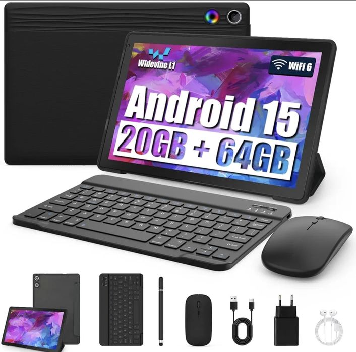 Tablet 10.1 android 15 klawiatura mysz słuchawki etui ładowarka kabel