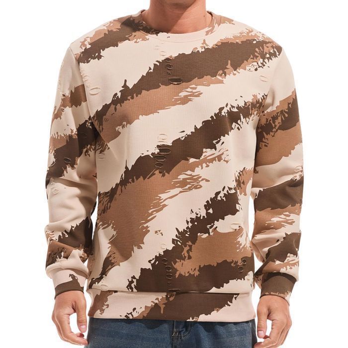 Męska bluza polarowa crewneck - ocieplana, moro beżowa, XXL