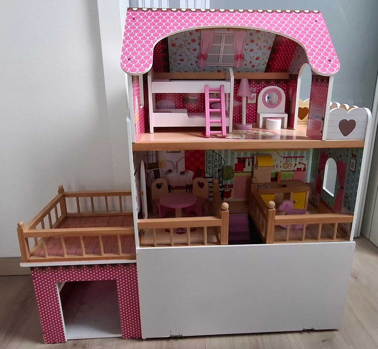 Duży drewniany domek dla lalek + meble | 3 piętra