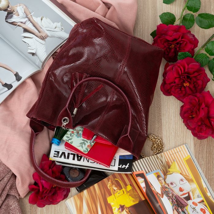 VERA PELLE torebka skórzana shopper lakierowana V588 c.bordowa