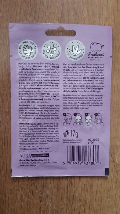 Pusheen The Cat maska maseczka w płachcie oczyszczająca wit.E