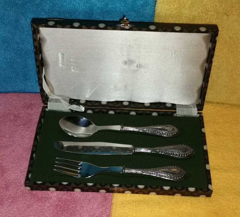Conjunto infantil faca, garfo/ colher prata/aço inoxidável