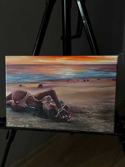 obraz olejny na płótnie Dziewczyna na plaży 20*30