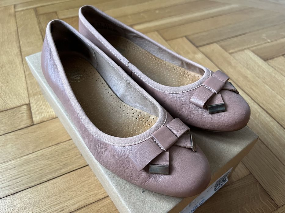 Baleriny różowe z kokardką RYŁKO czółenka damskie skóra (rozmiar 36)